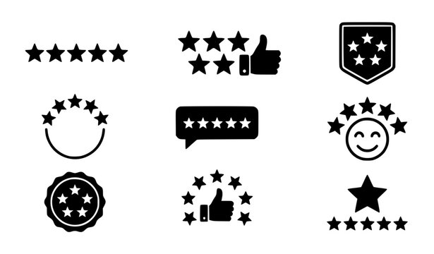 Customer rating five star review and thumbs up black pictogram editable vector set