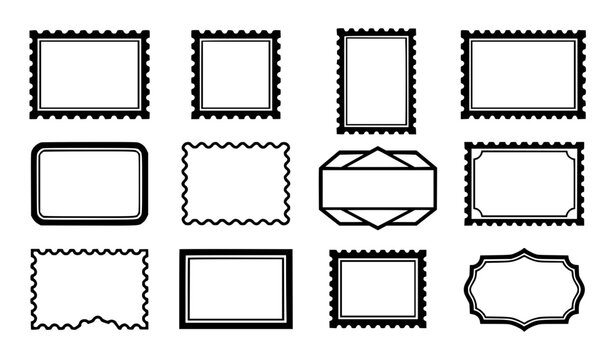 Blank postage stamp collection empty postal label border shapes editable flat vector set