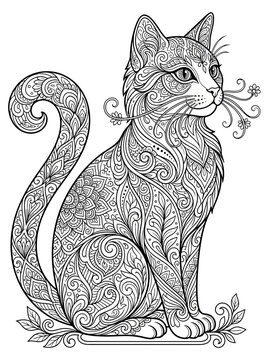 Intricate Zen Doodle Cat Sitting with Flowers