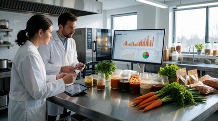 Fototapeta premium Two scientists in lab coats analyze food data on computer screen. Team in kitchen works with samples, jars, ingredients, carrots, checking charts and graphs for product development.