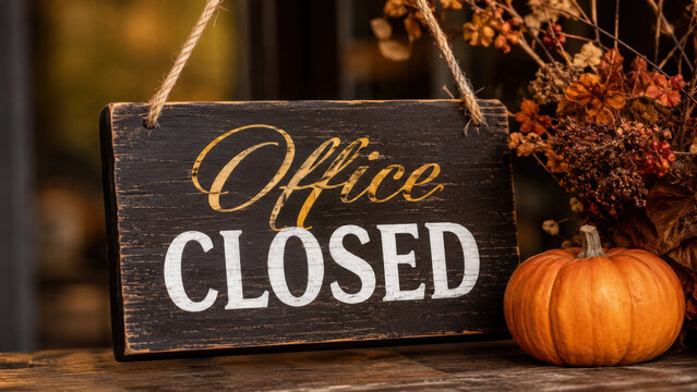 Office closed sign for Thanksgiving holiday with autumn decorations, concept of seasonal workplace closure