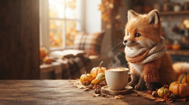 Cute baby fox in knitted scarf with cup of hot coffee on wooden table. Autumn coziness concept with pumpkin and leaves. Thanksgiving and fall season greeting card background.