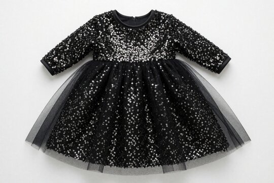 Sparkling black dress for girls detailed with silver sequins and tulle skirt. Elegant long sleeve garment ideal for parties and special occasions. Festive attire for children.