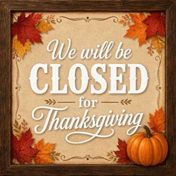 Thanksgiving Closed Sign with Turkey and Fall Leaves