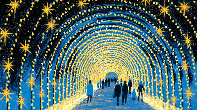 Retro risograph glowing winter light tunnel walkway / vintage illumination poster

