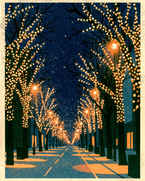 Retro risograph tree lined avenue wrapped in winter lights / vintage poster

