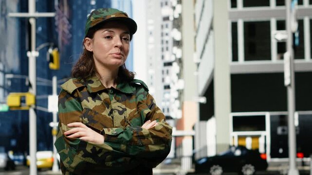 Army soldier with crossed arms against cityscape background