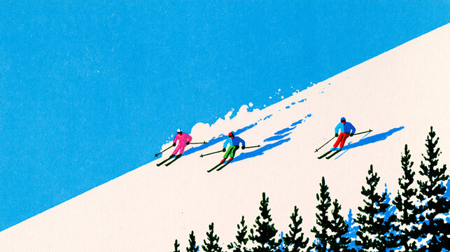 Retro risograph skiers descending a snowy slope / vintage winter sports poster
