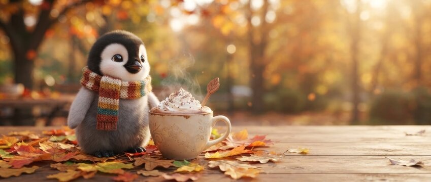Cute baby penguin in knitted scarf with cup of hot chocolate with whipped cream on wooden table with autumn leaves. Cozy fall season concept. Warm drink and seasonal comfort
