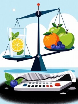 Balanced diet concept with fruits and water on scale. Healthy food choice comparison on table with calculator. Nutrition choice for wellness and vitality.