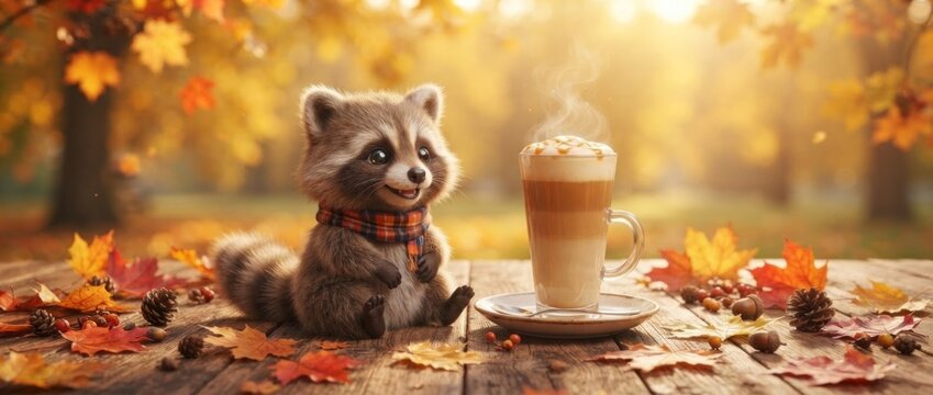 Cute baby raccoon in plaid scarf sitting with latte coffee on wooden table among autumn leaves. Cozy fall season atmosphere. Hello autumn greeting card and banner concept.