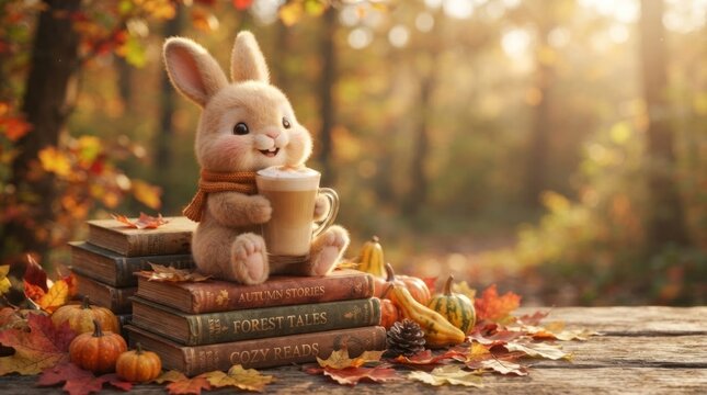Cute fluffy bunny with scarf holding cup of coffee sitting on stack of books. Cozy autumn reading concept with pumpkins and fall leaves in forest. Fairy tale and storybook theme.