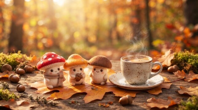 Cute felted mushroom toys with smiling faces and cup of hot coffee on autumn wooden table. Cozy fall scene with oak leaves and acorns. Autumn season, hygge, thanksgiving concept.