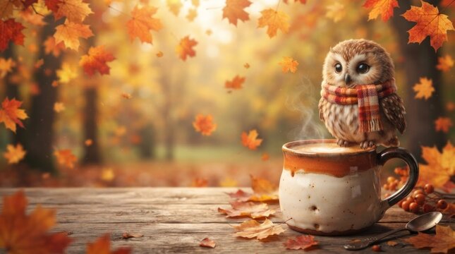 Cute little owl in plaid scarf sitting on steaming coffee mug on wooden table. Cozy autumn season with falling maple leaves. Warm fall mood and hot drink concept for greeting card