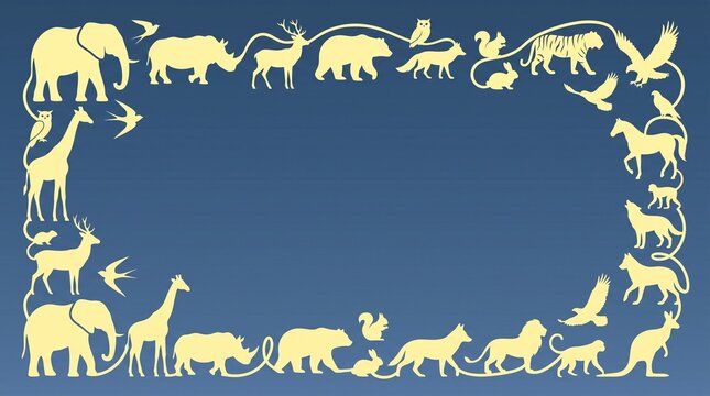 Decorative African safari animal silhouette border frame on a blue background representing wildlife and zoo themes