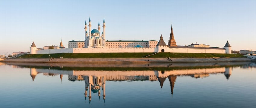 Panoramic View of Kazan Kremlin at Golden Hour with Water Reflection