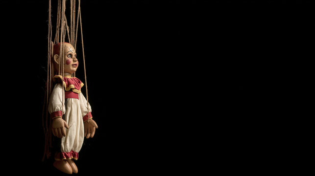Traditional Puppet Marionette with a Wooden Frame and Costume on a Black Background