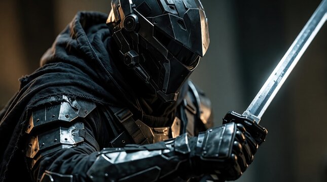 Dark warrior in sci fi armor holds futuristic sword. Cyberpunk fighter poses with weapon ready for battle. Sci-fi illustration features hero in metallic gear and hood.