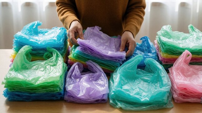 Person sorts and stacks colorful plastic shopping bags for reuse and craft projects at home. Shows resourcefulness and sustainable living practices.
