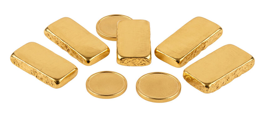 Gold bullion bars coins investment arranged isolated on black background for financial wealth success banking reserve precious metal treasure economy trading growth commercial finance value asset ingo