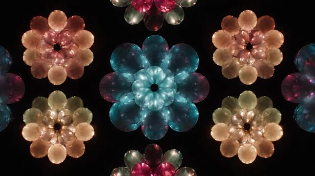 Kaleidoscopic flower patterns forming from bright colorful balloons in motion across this dynamic digital abstract video loop art background