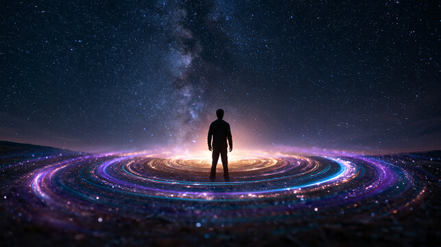 Silhouette of Man in Glowing Light Portal Under Starry Galaxy