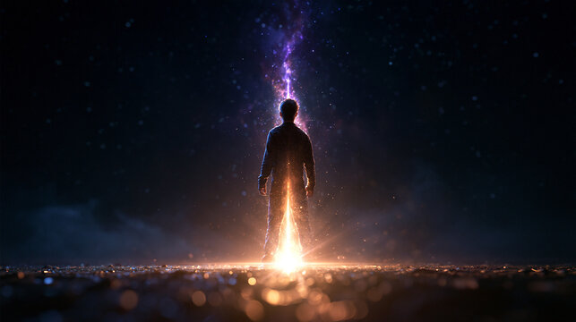 Man Standing in Glowing Cosmic Beam of Light