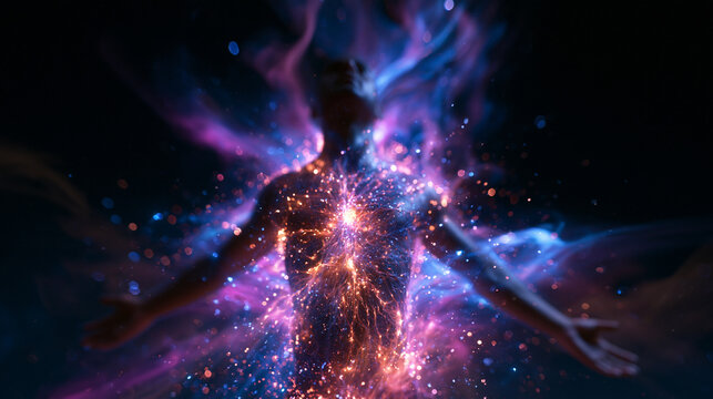 Human Silhouette Glowing with Cosmic Energy and Spiritual Light