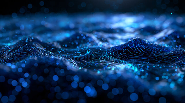 Abstract Blue Digital Wave and Data Flow Landscape Background