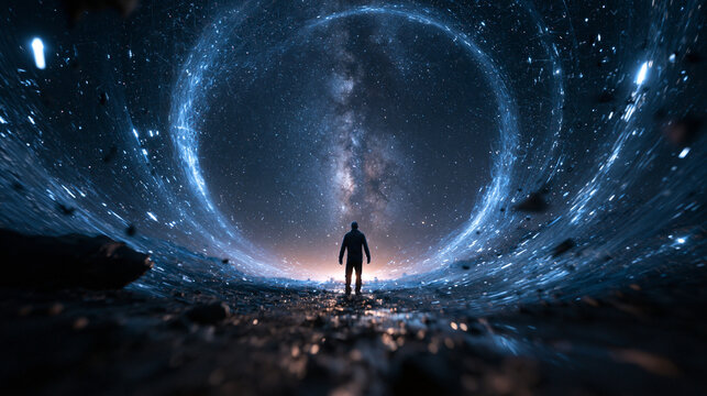 Silhouette Standing Before Cosmic Portal in Deep Space