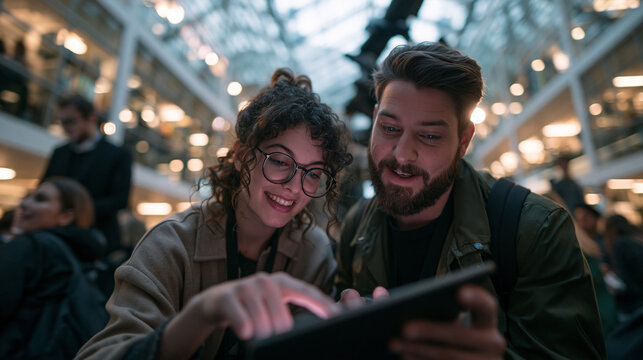 Happy Young Couple Using Digital Tablet in Modern Museum
