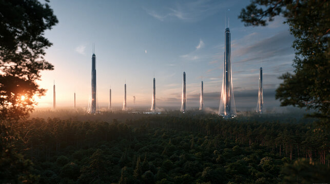 Futuristic Eco City Skyscrapers Rising from Green Forest at Sunrise