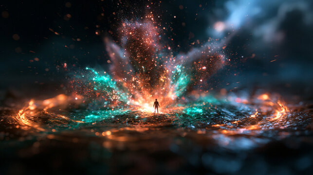 Silhouette in Glowing Cosmic Energy Explosion