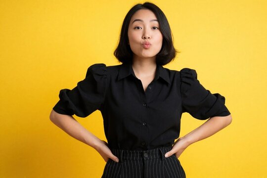 Young Asian woman stands with hands on hips, pouting playfully against a bright yellow background. Her confident pose and bold expression suggest a flirty attitude.