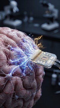 Human brain shown with implanted neural interface chip and glowing neural connections across cerebral cortex. Neurotechnology concept