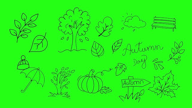 Hand drawn autumn themed doodles and fall season symbols for seasonal motion animation video project background