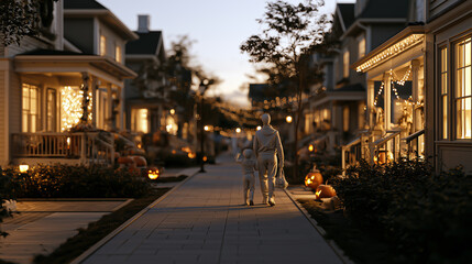 Fototapeta premium 夕暮れの住宅街を親子で連れ立って歩く後ろ姿