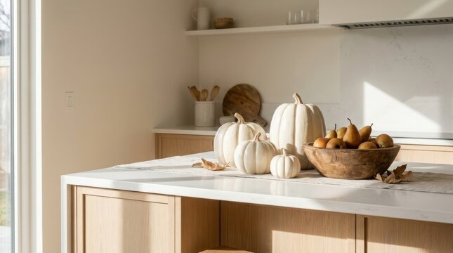 White pumpkins and wooden bowl with pears on kitchen island. Autumn harvest decoration in modern kitchen interior. Thanksgiving and fall season home decor concept.