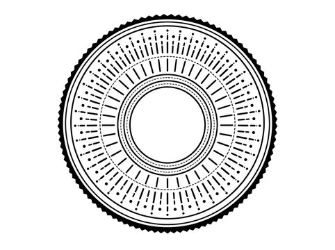 Circular geometric ornament with intricate radial lines and dots for vintage badge frame or decorative mandala vector design element