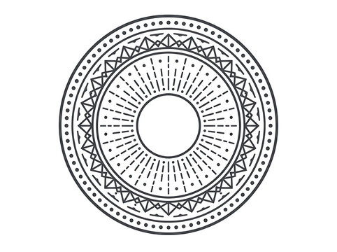 Monochrome Geometric Circular Ornament Design Featuring Intricate Radial Patterns and Minimalist Decorative Border Elements for Creative Graphic Projects