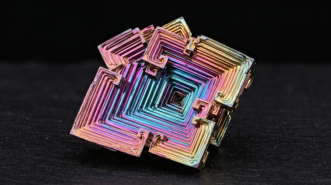 Iridescent bismuth crystal with geometric cubic structure and rainbow colors