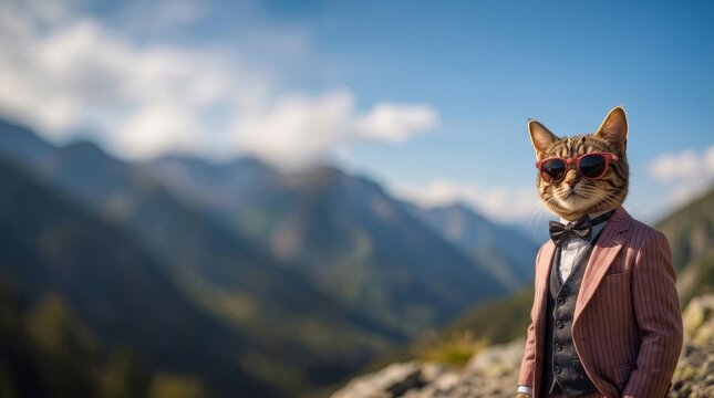 A stylish cat wearing a suit and sunglasses poses confidently in a scenic mountain setting.