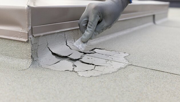 Worker applying sealant to repair a cracked flat roof surface.