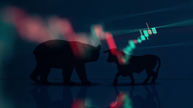 A dynamic timelapse video showing fast moving stock market candlestick bars blended with facing bull and bear silhouettes, representing market rivalry, volatility, and financial trading.