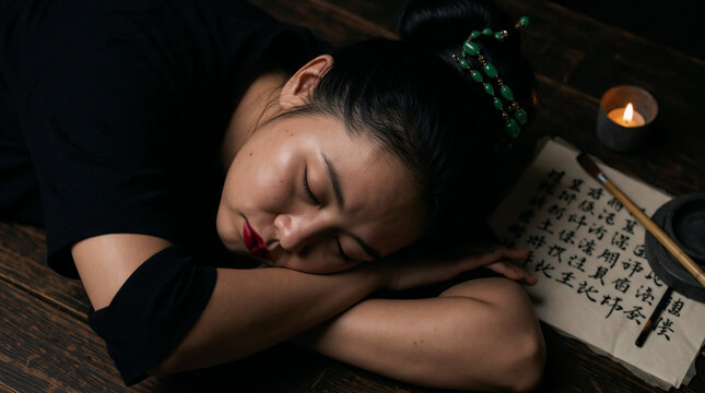 Jeune fille chinoise qui est endormi sur son bureau