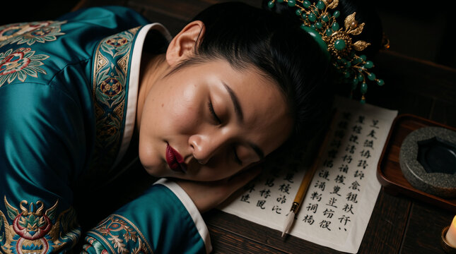 Jeune fille chinoise qui est endormi sur son bureau