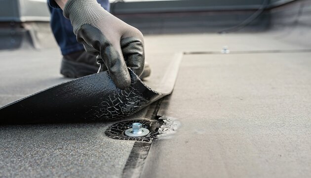 Professional worker installing black rubber roofing membrane on a flat roof surface.