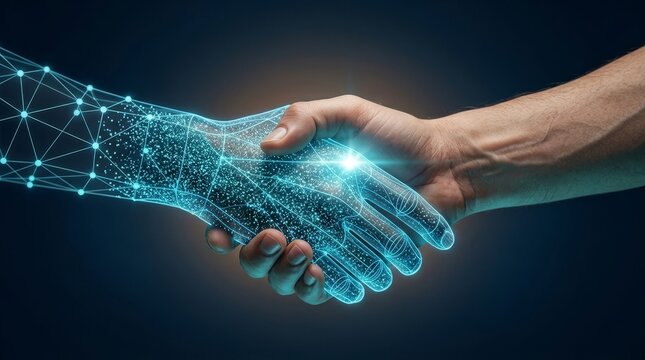 A human hand shakes hands with a digital counterpart, highlighting innovation, connection, and future technology.