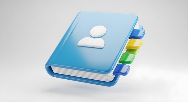 A 3D-rendered book with user profile icon and document tabs symbolizing digital organization.