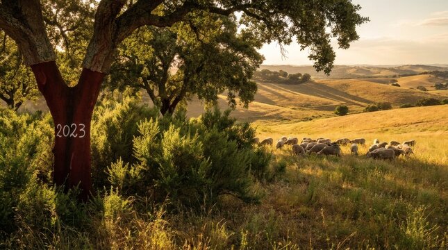 Flock of sheep grazing in a golden meadow near a cork tree marked with 2023